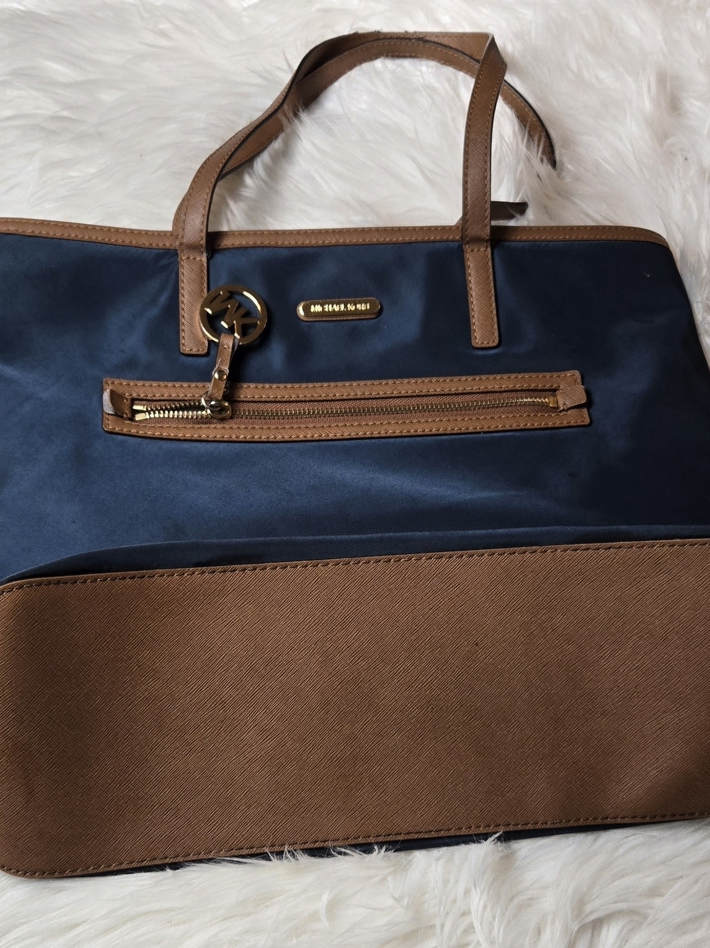 Michael Kors Navy Nylon Tote with Brown Trim and Gold Accents - Picture 2 of 6